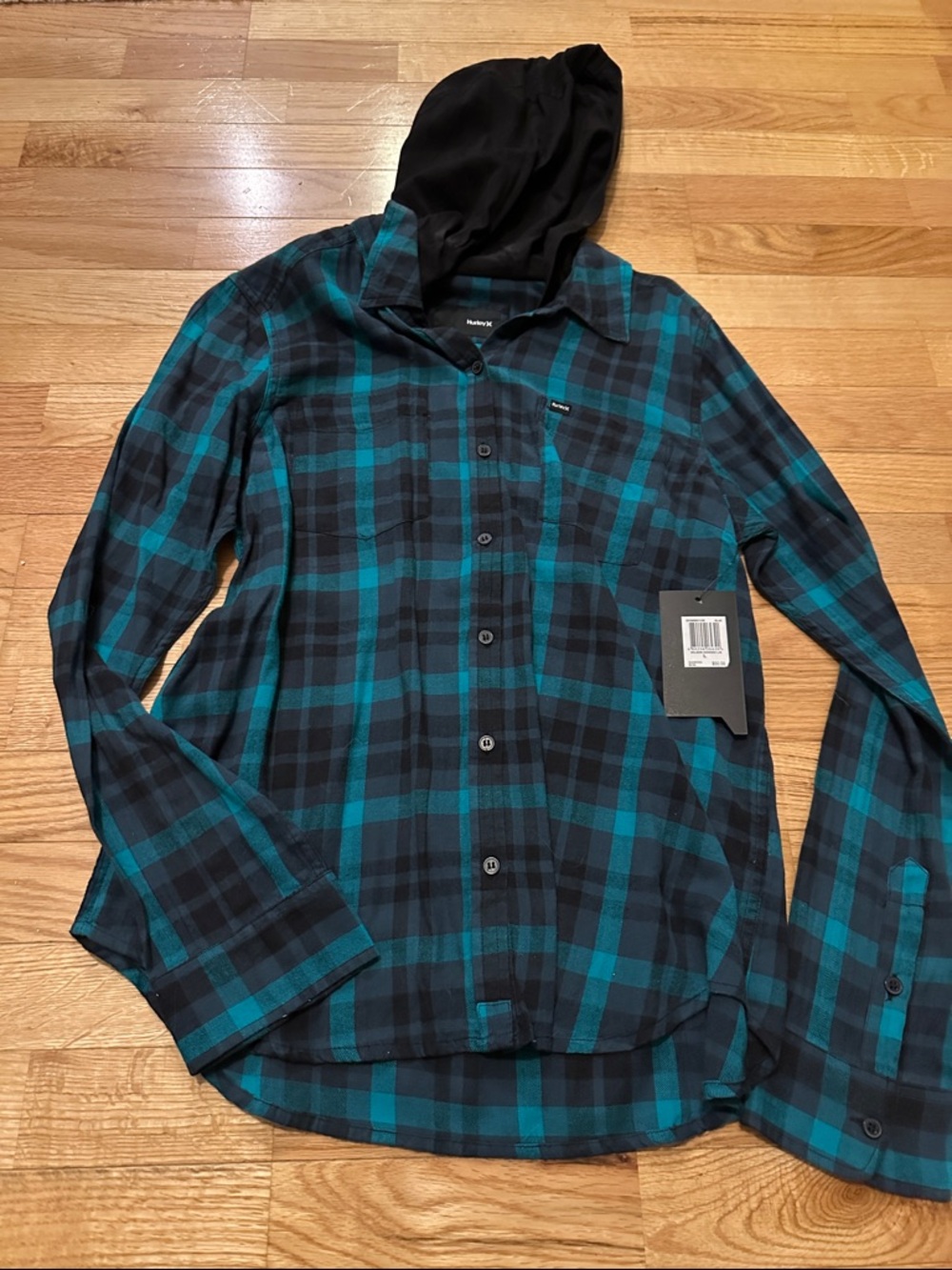 Hurley Teal and Black Plaid Hooded Button-Up